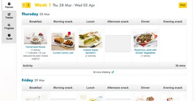 Screenshot of the meal planner